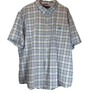 US Polo Assn Mens 3XL Blue Turquoise Plaid Button Down Short Sleeve Shirt Cotton